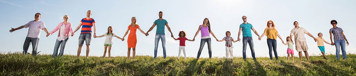 Group of people standing and holding hands in a line in a field | Bridging the Sectors: A Compendium of Resources