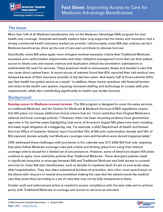 Fact Sheet: Improving Access to Care for Medicare Advantage Beneficiaries page 1.