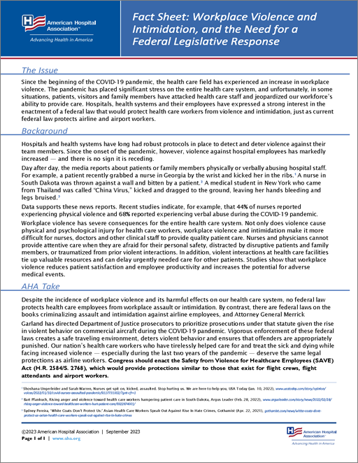 Fact Sheet: Workplace Violence and Intimidation, and the Need for a Federal Legislative Response page 1.