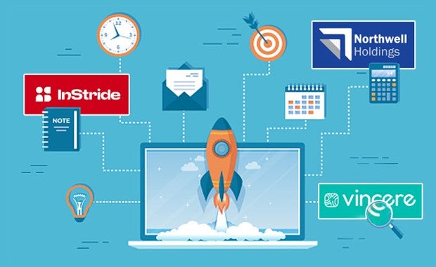 Health Systems Invest in Innovative Startups to Advance Care. A rocket taking off from the keyboard of a laptop computer with the logos of Instride, Northwell Holdings, and Vincere connected to the laptop with productivity tools.