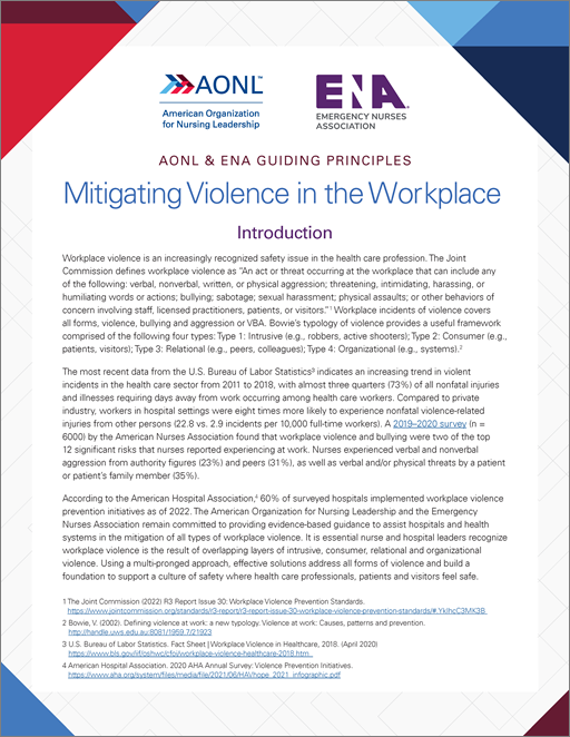 Cover AONL & ENA Guiding Principles Mitigating Violence in the Workplace