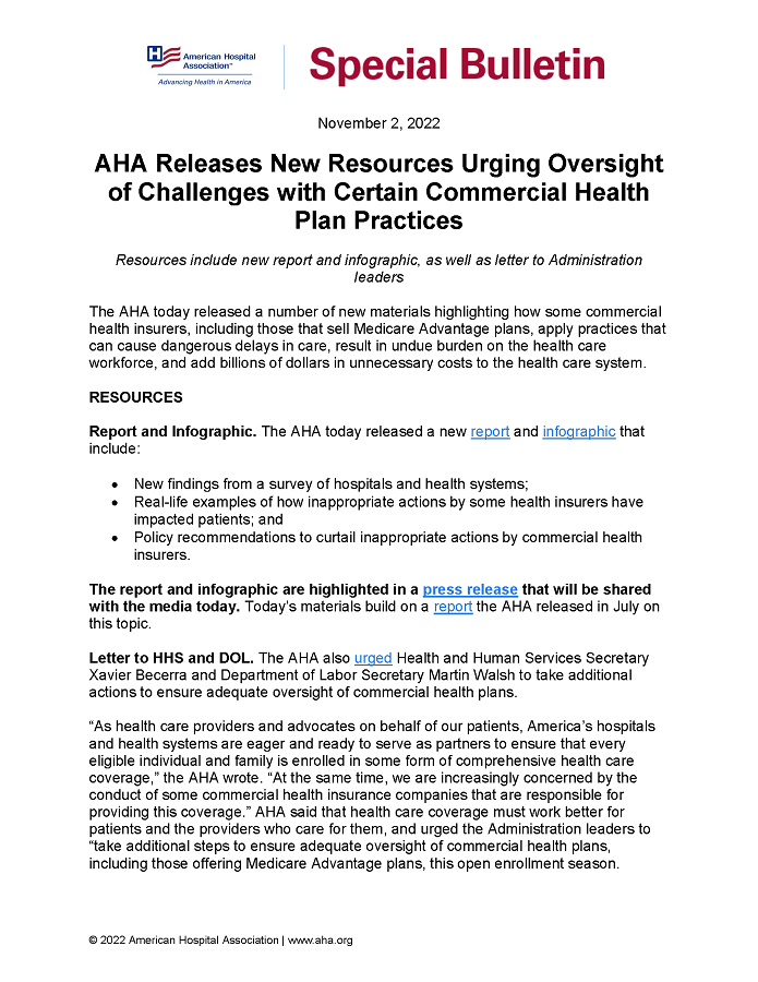 Special Bulletin: AHA Releases New Resources Urging Oversight of Challenges with Certain Commercial Health Plan Practices page 1.