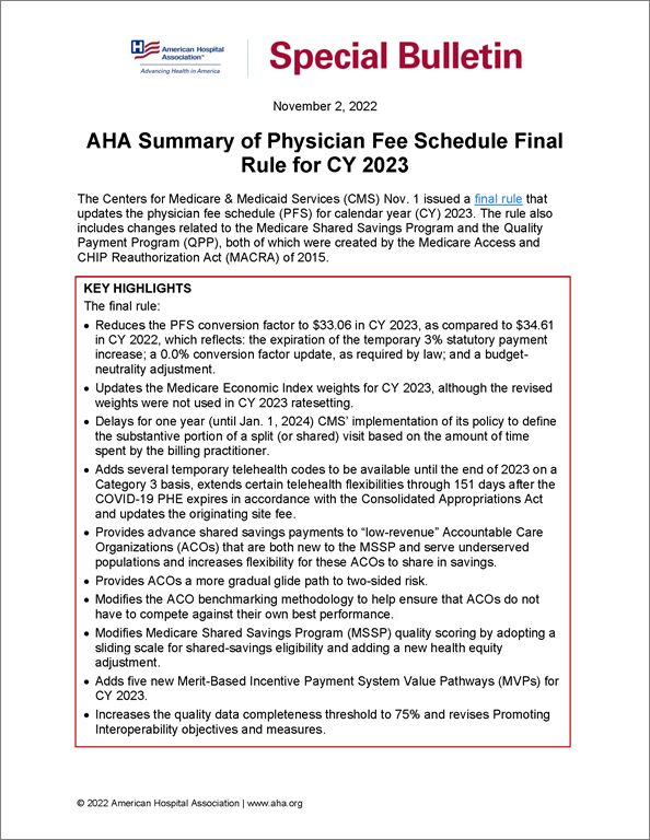 Special Bulletin: AHA Summary of Physician Fee Schedule Final Rule for CY 2023.