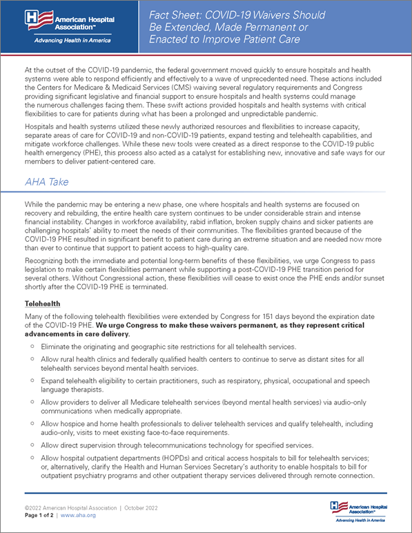 Fact Sheet: COVID-19 Waivers Should Be Extended, Made Permanent or Enacted to Improve Patient Care page 1.