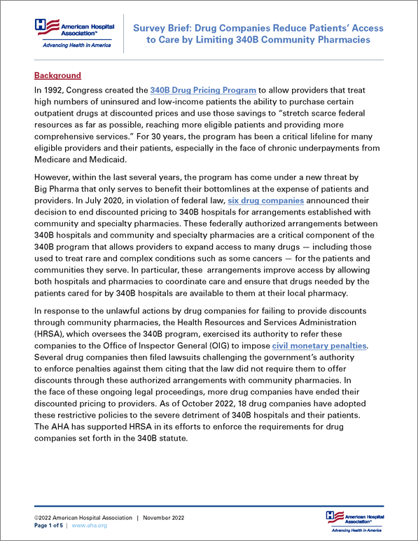  Cover Survey Brief: Drug Companies Reduce Patients’ Access to Care by Limiting 340B Community Pharmacies.