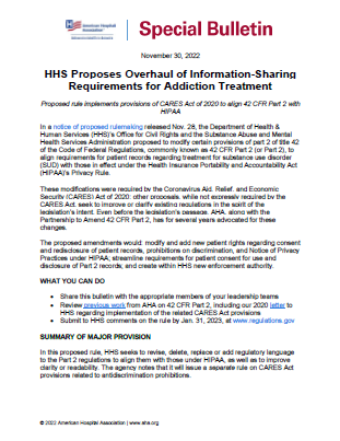 Cover Special Bulletin: HHS Proposes Overhaul of Information-Sharing Requirements for Addiction Treatement, November 30, 2022