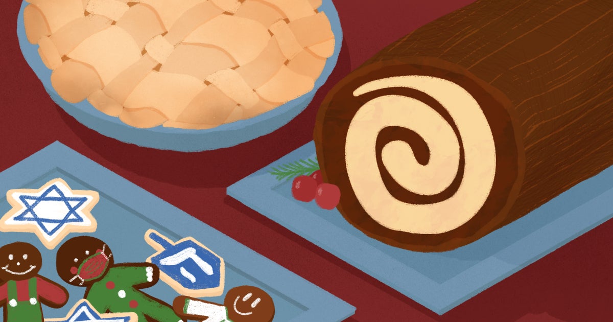 Right click to save this illustration of holiday desserts including yule log, hanukka cookies, pie, and gingerbread men wearing masks
