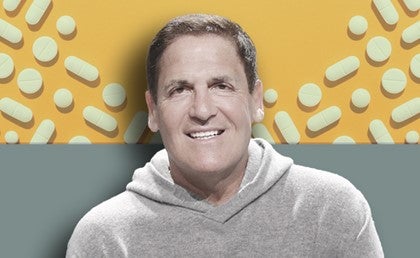 Mark Cuban Plots Next Move to Collaborate with Hospitals on Drug Shortages. Mark Cuban with pharmaceutical pills of various sizes and shapes in the background.