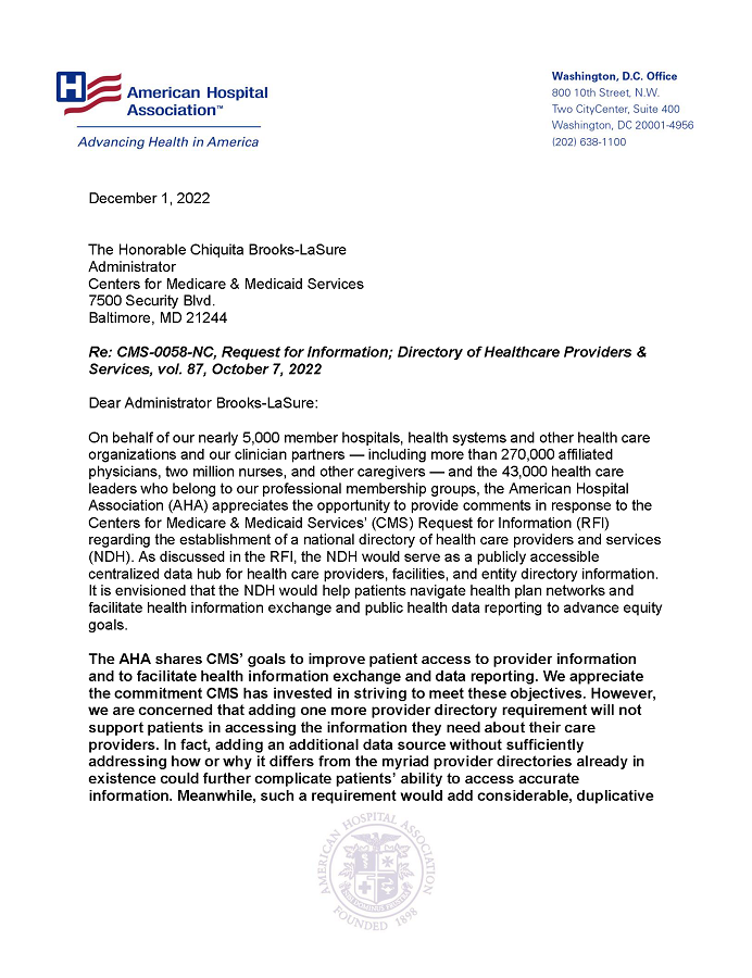 AHA Letter to CMS on Establishment of a National Directory of Health Care Providers and Services (NDH) page 1.