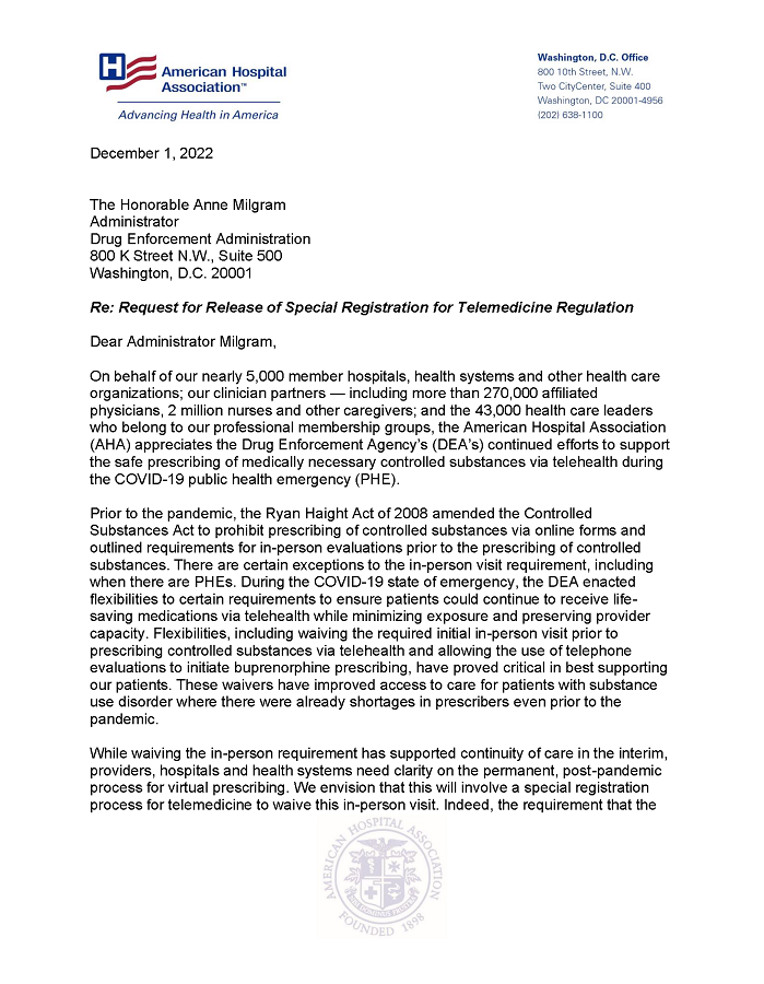 AHA Letter to DEA Regarding Request for Release of Special Registration for Telemedicine Regulation page 1.