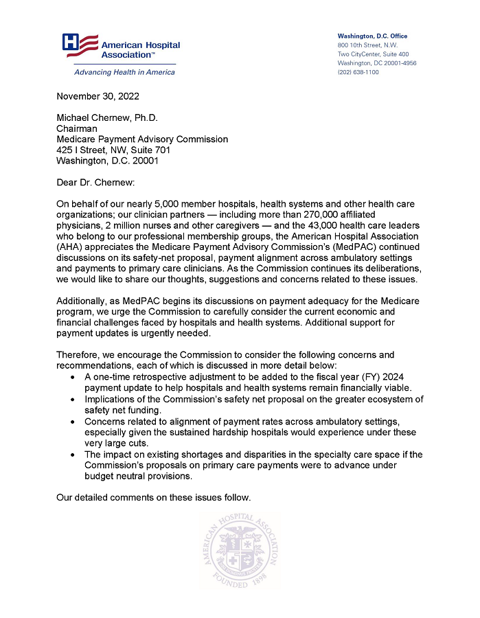 AHA Urges MedPAC to Consider the Current Financial Challenges Faced by Hospitals and Health Systems page 1.