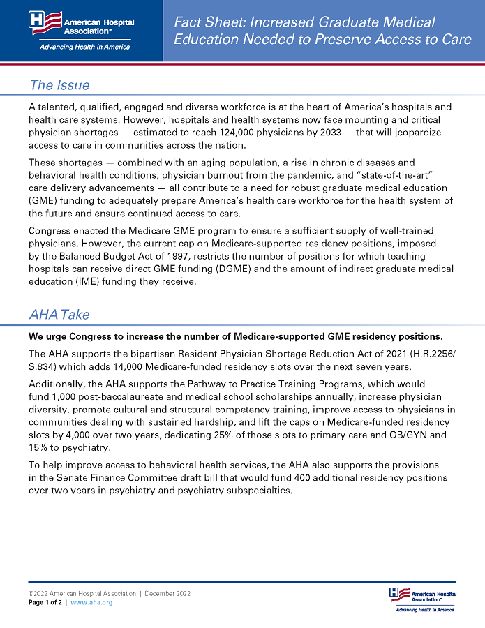 Fact Sheet: Increased Graduate Medical Education Needed to Preserve Access to Care page 1.