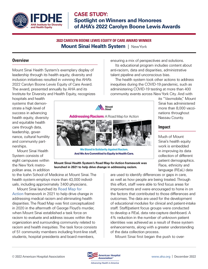 2022 Carolyn Boone Lewis Equity of Care Award Winner: Mount Sinai Health System | New York page 1.