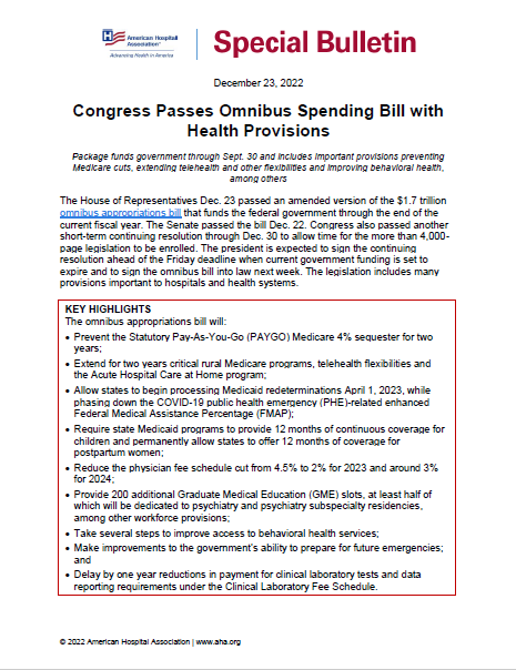 Special Bulletin: Congress Passes Omnibus Spending Bill with Health Provisions page 1.