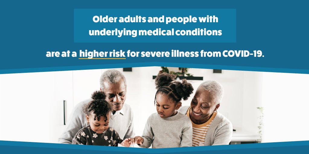 Right click to save this graphic of elderly grandparents playing with ther two granddaughters. Text: Older adults and people with underlying medical conditions are at a higher risk for severe illness from COVID-19.