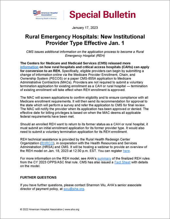Cover Special Bulletin: Rural Emergency Hospitals: New Institutional Provider Type Effective Jan. 1