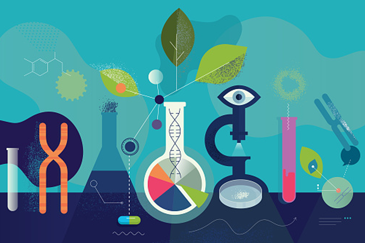 3 Ways Pharma Could Jolt Health Care in 2023. Test tubes, beakers, a microscope, plants, molecules, and reactions all appearing on a lab bench and resulting in a new pharmaceutical drug.