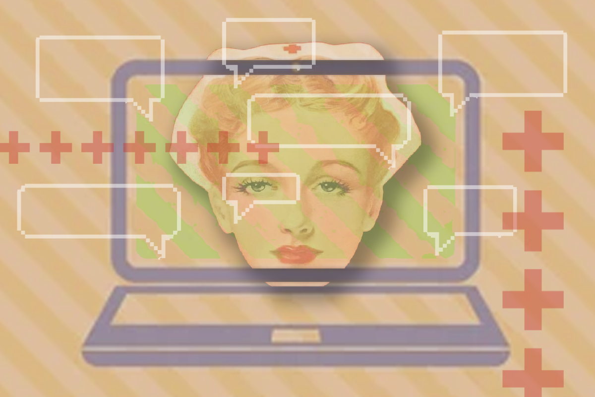5 Imperatives to Scale a Virtual Nursing Program. A laptop computer with a virtual nurse displayed on the screen with dialogue bubbles popping up on the screen.