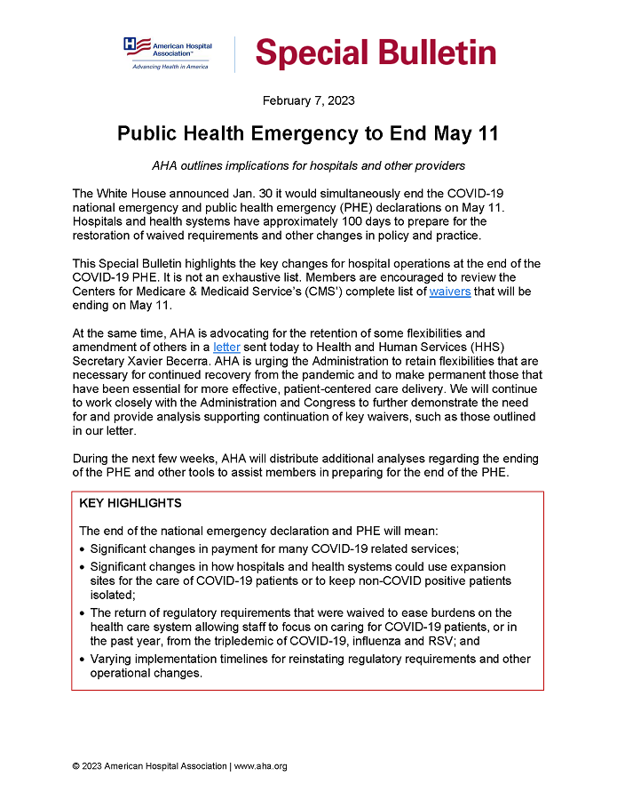 Special Bulletin: Public Health Emergency to End May 11 page 1.