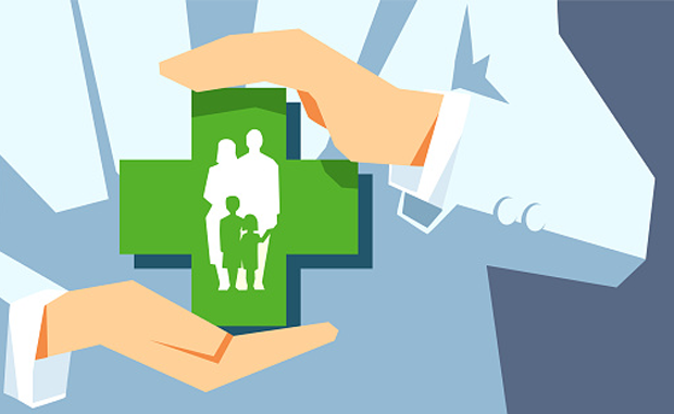 4 Keys to Elevate Consumer Centricity. A business person in a suit jacket holds a green cross that has a family of a father, a mother, a boy, and a girl on it.