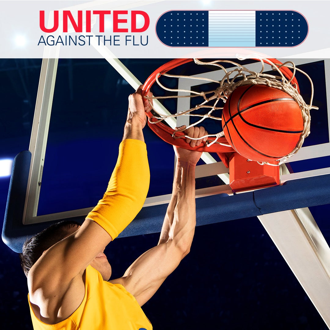 united against the flu logo above image of basketball player in yellow jersey dunking ball