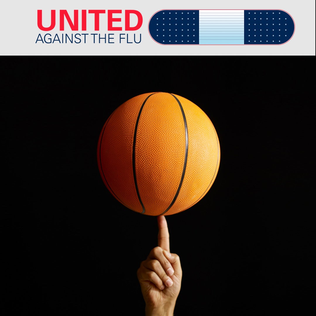 united against the flu logo above image of basketball balanced on tip of an index finger