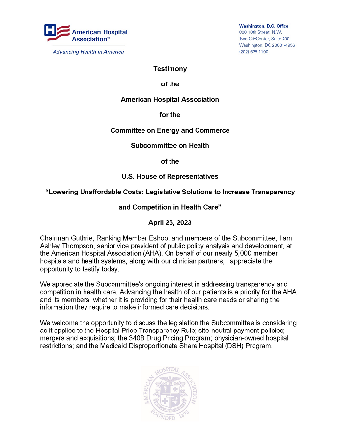 AHA Testimony for the Committee on Energy and Commerce Subcommittee on Health page 1.