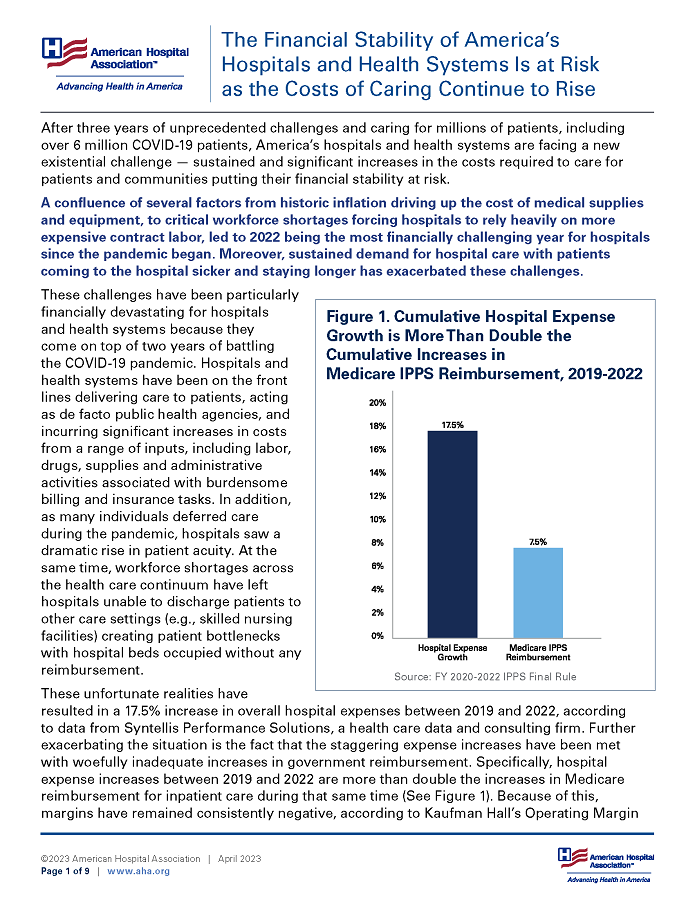 Costs of Caring 2023: The Financial Stability of America’s Hospitals and Health Systems Is at Risk as the Costs of Caring Continue to Rise page 1.
