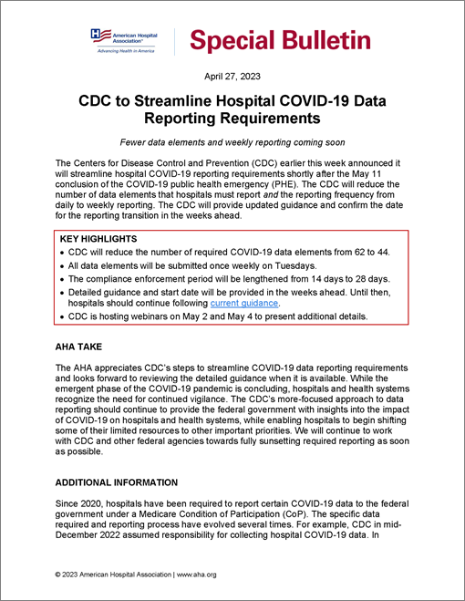Cover Special Bulletin: CDC to Streamline Hospital COVID-19 Data Reporting Requirements