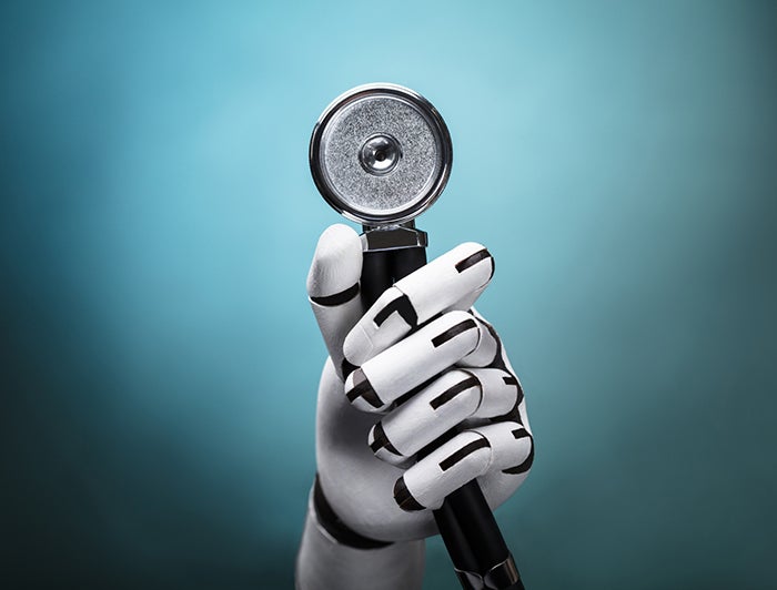 Robot hand holds stethoscope aloft