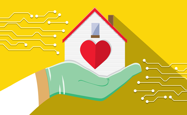 4 Home Care Technologies to Prioritize. A clinician in a lab coat and medical gloves holds a house with the heart in the middle of it in the gloved hand while circuit lines appear from the left and right.
