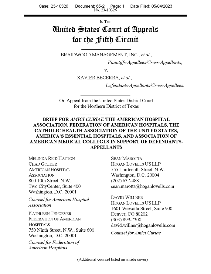 AHA, Others Amicus Brief in Braidwood Management, Inc., v. Xavier Becerra page 1.
