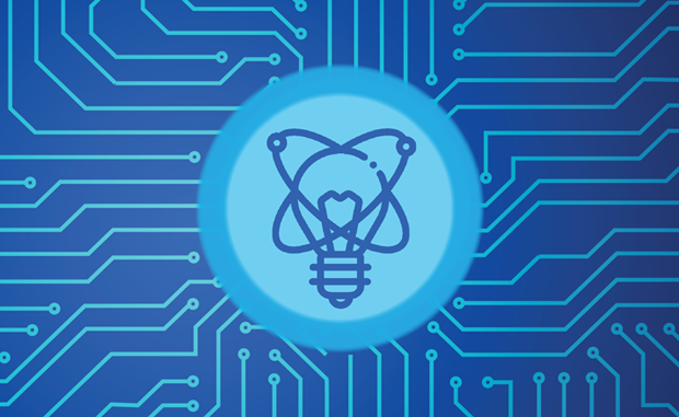 Understanding the Keys to Successful Innovation Investing. A lightbulb with two electrons circling it on a field of a circuit board.