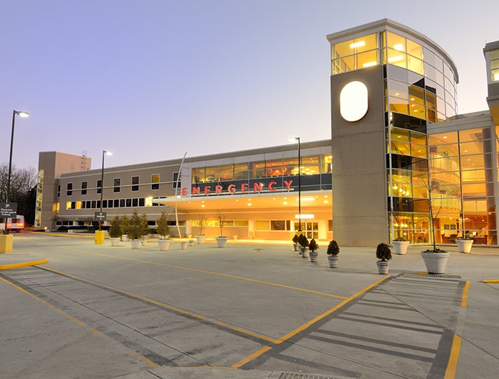 stock photo of an emergency department entrance at dusk