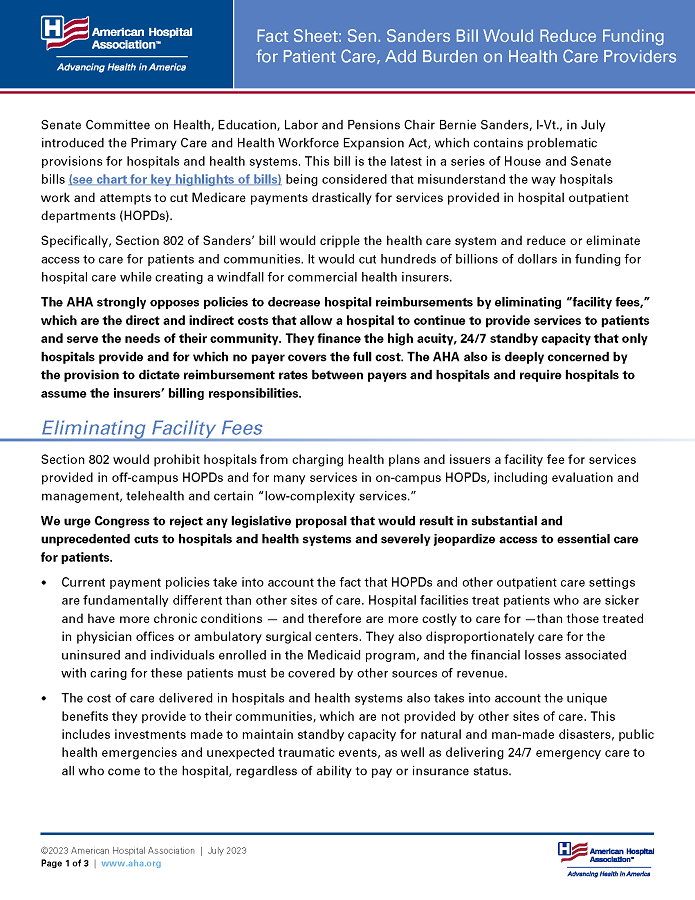 Fact Sheet: Sen. Sanders Bill Would Reduce Funding for Patient Care, Add Burden on Health Care Providers page 1.