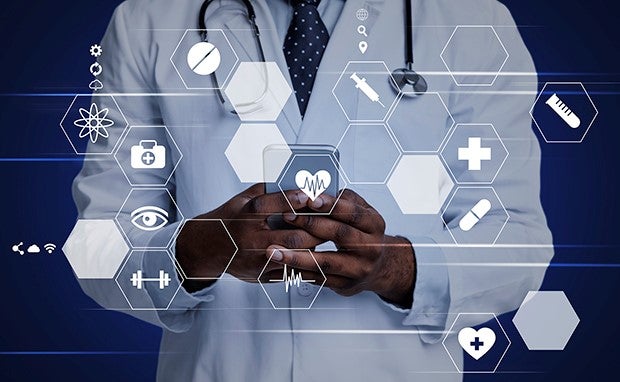 3 Innovative Ways Providers Are Tackling Great Challenges. A doctor holds a phone and health care icons are displayed in the foreground.