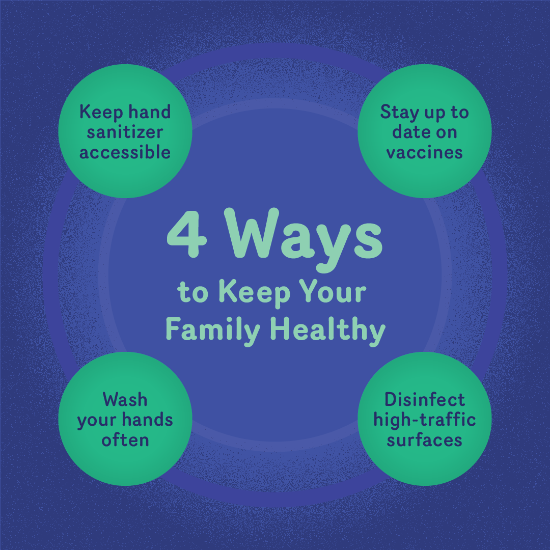 Text graphic: 4 Ways to Keep Your Family Healthy: Keep hand sanitzer accessible; Stay up to date on vaccines; Wash your hands often; Disinfect high-traffic surfaces