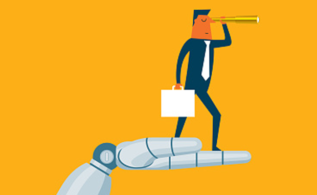 Digital Health Funding May Be Down, but AI Still Draws Interest from Investors. A business man with a briefcase in his right hand looks through a telescope held in his left hand while standing on a giant robot hand.