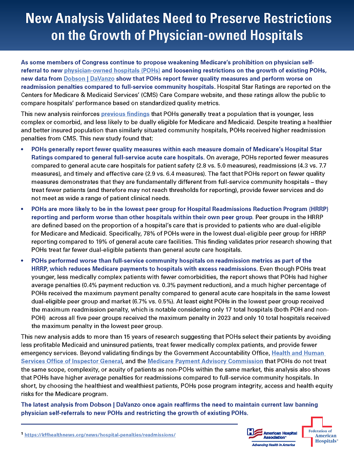 New Analysis Validates Need to Preserve Restrictions on the Growth of Physician-owned Hospitals page 1.