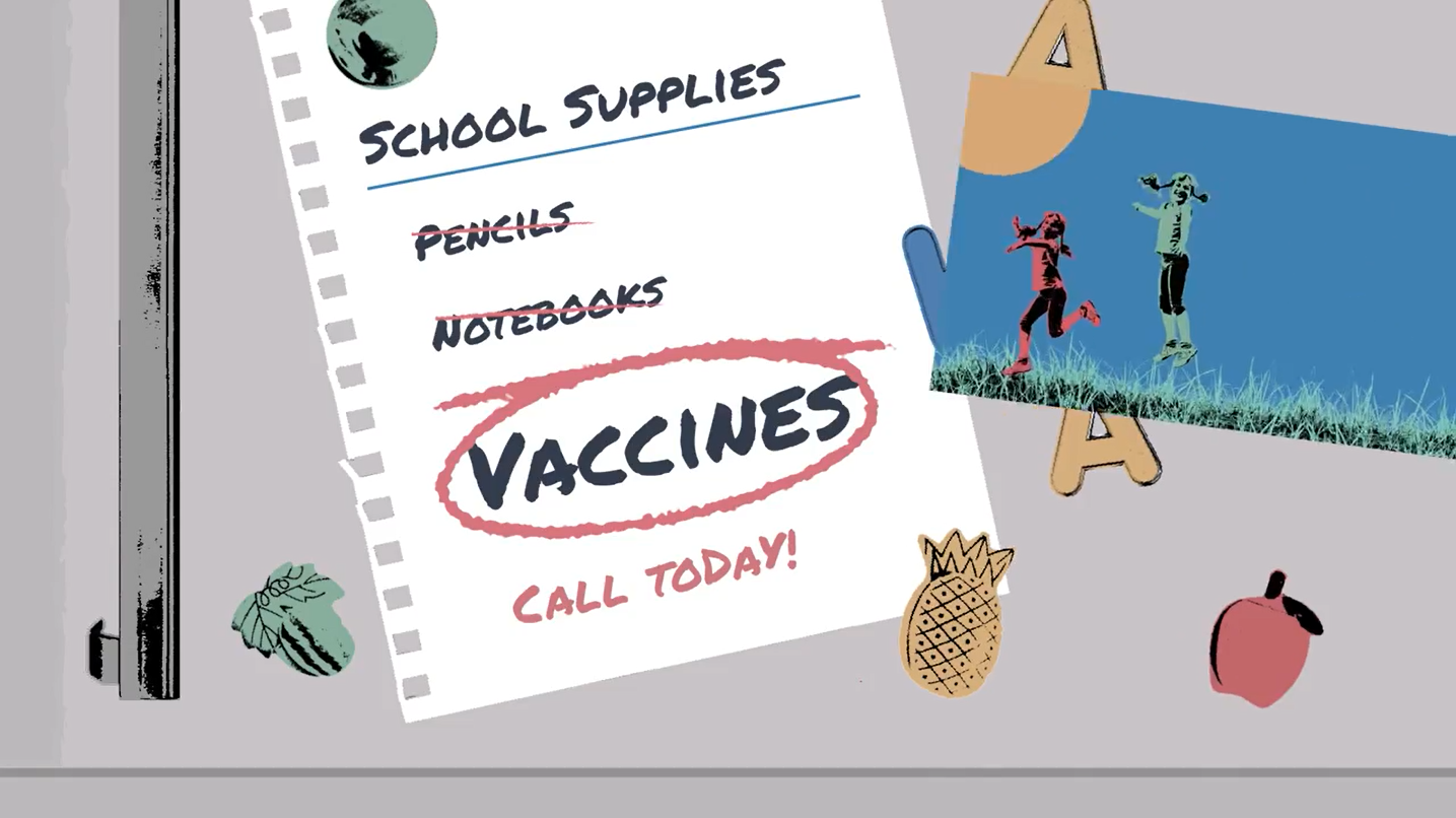 Still video image shows a torn out notebook sheet with written text list for school supplies - pencils, notebooks, vaccines