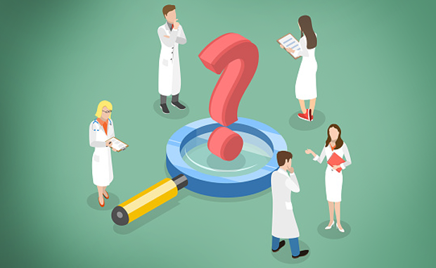 3 Takeaways from Physician Compensation Trends. Five physicians contemplate their compensation while standing around a magnifying glass with a question mark hovering above it.