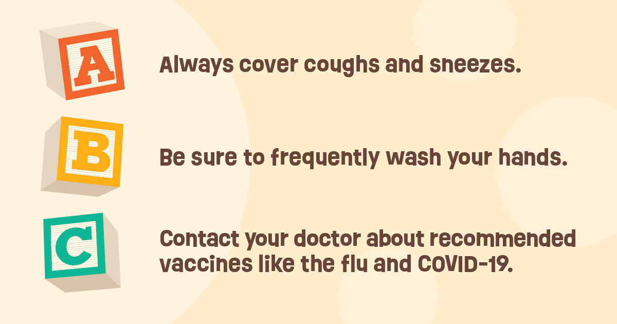 Graphic of children's ABC letter blocks with text: A-lways cover coughs and sneezes; B-e sure to frequently wash your hands; C-ontact your doctor about recommended vaccines like the flu and COVID-19