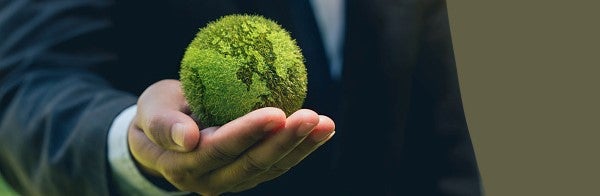 How to Optimize Sustainability Performance. A hospital executive holds a green Earth in his hand.