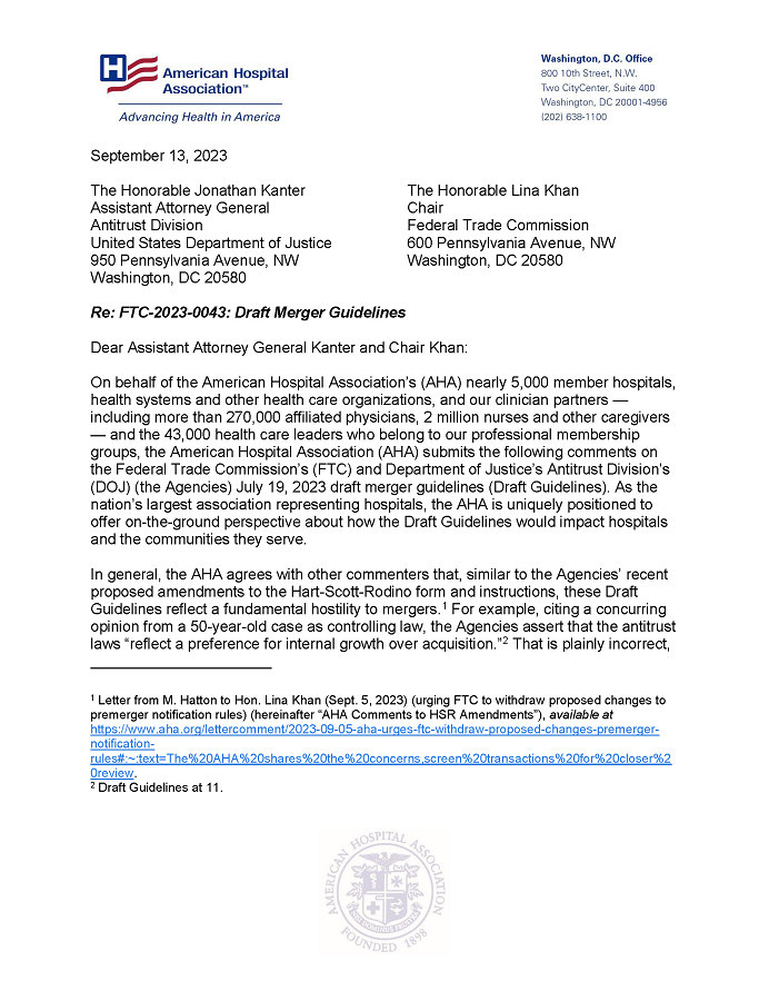 AHA Letter to the Attorney General and FTC on Draft Merger Guidelines page 1.
