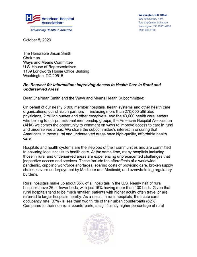 AHA Recommendations to House Ways & Means Committee on Improving Health Care Access in Rural and Underserved Areas letter page 1.