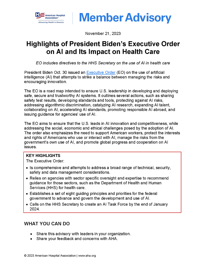 Member Advisory: Highlights of President Biden’s Executive Order on AI and Its Impact on Health Care