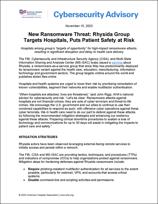 Cybersecurity Advisory Cover: New Ransomware Threat: Rhysida Group Targets Hospitals, Puts Patient Safety at Risk