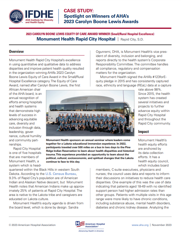 Equity of Care Awards Case Study: Monument Health Rapid City Hospital