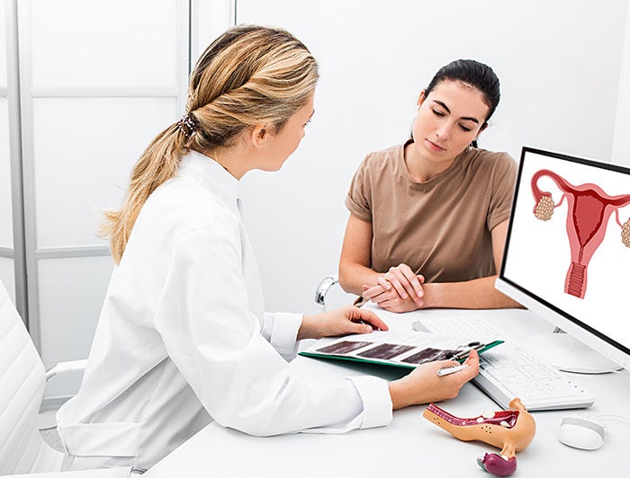 stock photo of a female doctor and female patient talking.  Female reproductive system diagram on doctor's computer screen