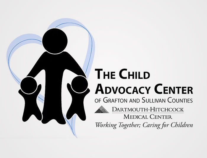 Dartmount Health Child Advocacy center logo featues an adult figure and two smaller child figures in front of a blue heart outline. 